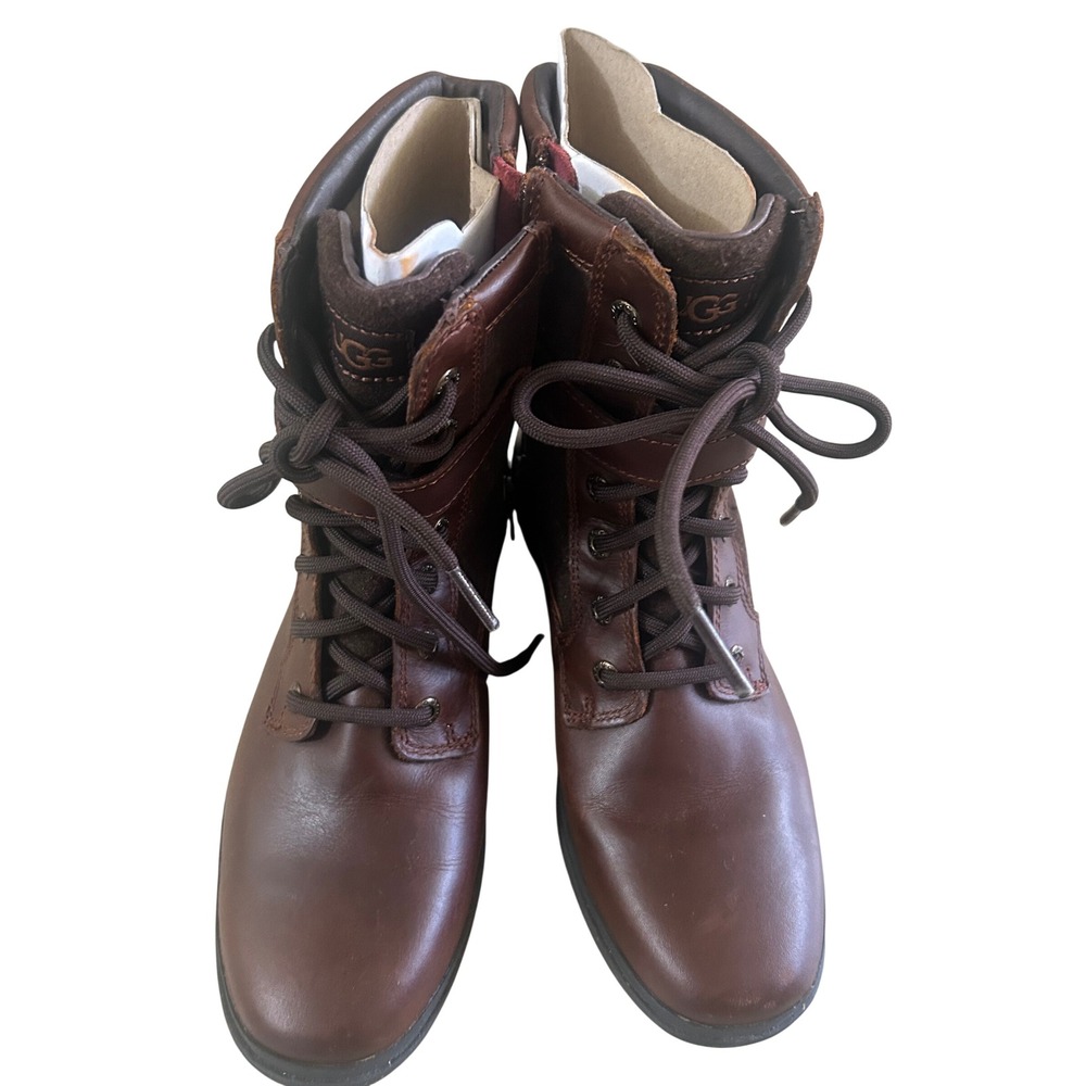 UGG Kesey Boots Womens 7 Brown Excellent Leather Wool Lace Up Side Zip Buckle